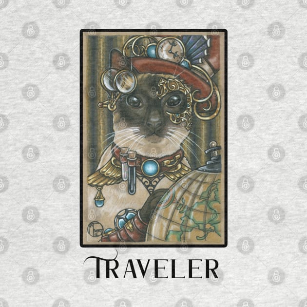 Steampunk Cat Traveler - Siamese Cat - Black Lettering Version by Nat Ewert Art